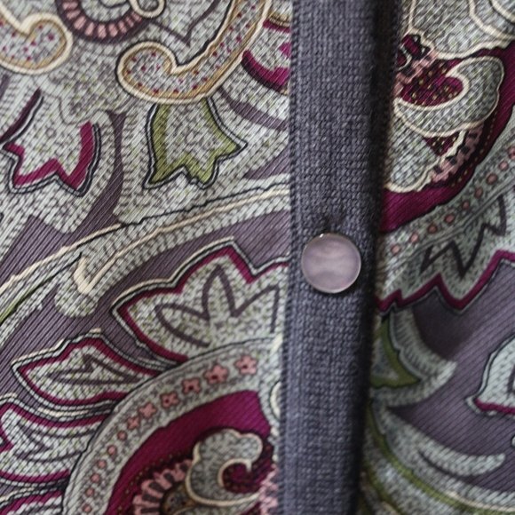 Talbots Gray Paisley Front Silk Panel Merino Wool Cardigan Sweater Large Classic - Picture 3 of 9